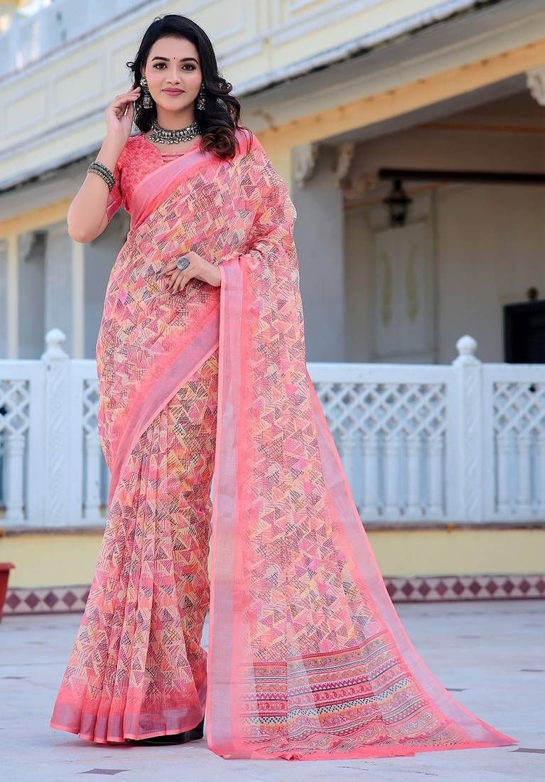 peach printed pure cotton peach saree with blouse