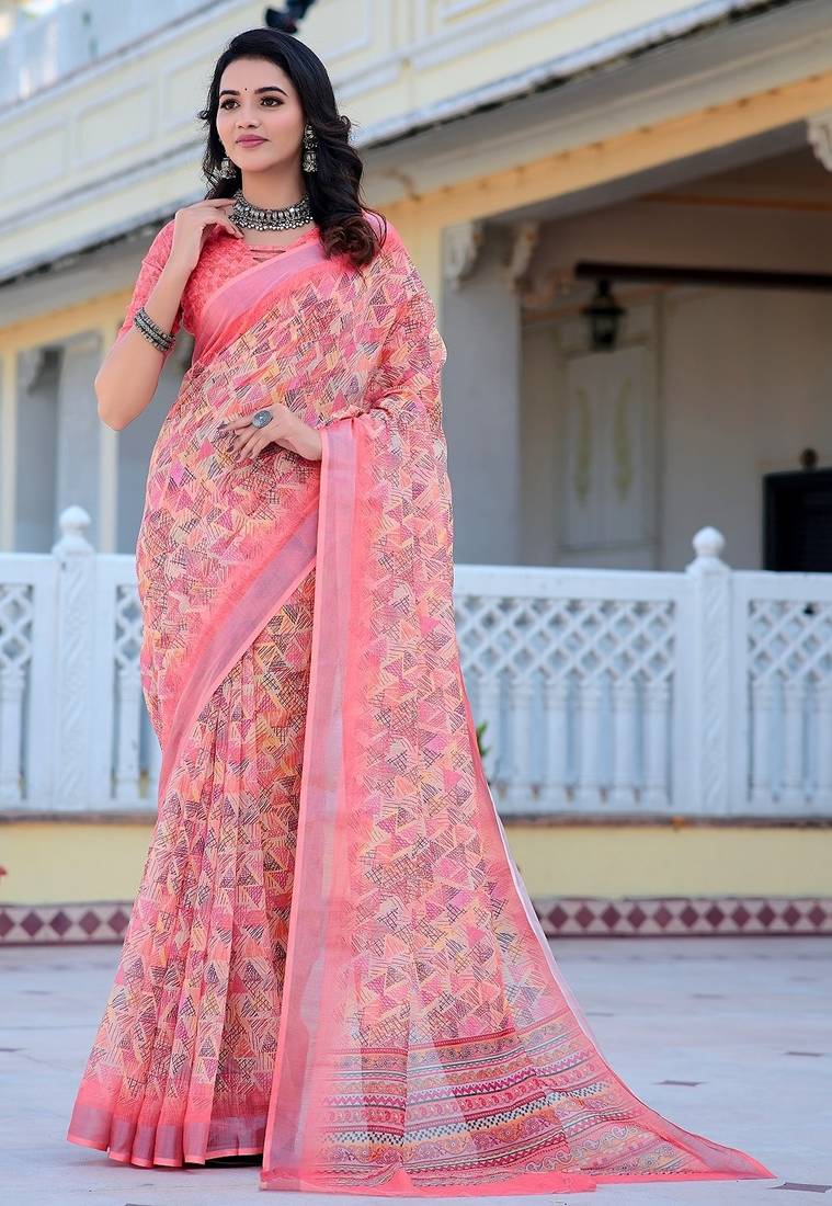 peach printed pure cotton peach saree with blouse