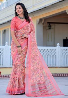 peach printed pure cotton peach saree with blouse 5