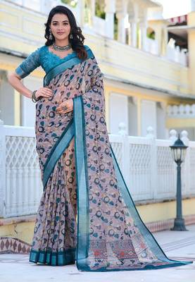 grey printed pure cotton grey saree with blouse 1