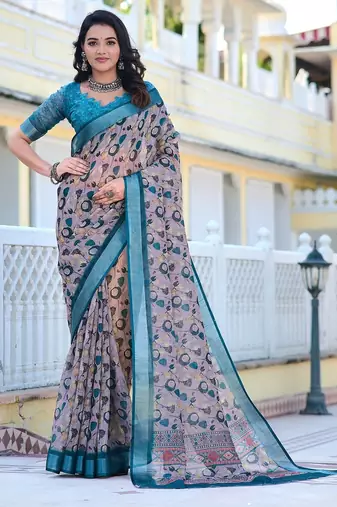 grey printed pure cotton grey saree with blouse