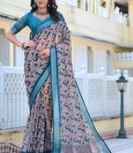 grey printed pure cotton grey saree with blouse