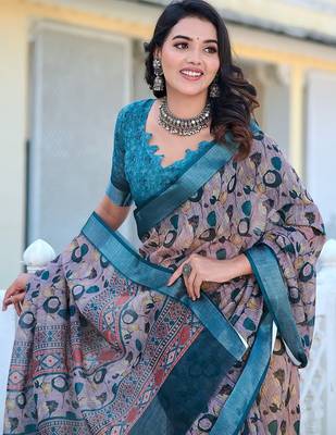 grey printed pure cotton grey saree with blouse 2
