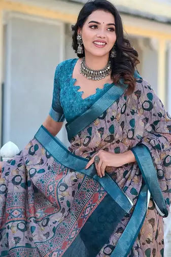 grey printed pure cotton grey saree with blouse