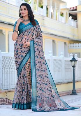 grey printed pure cotton grey saree with blouse 3