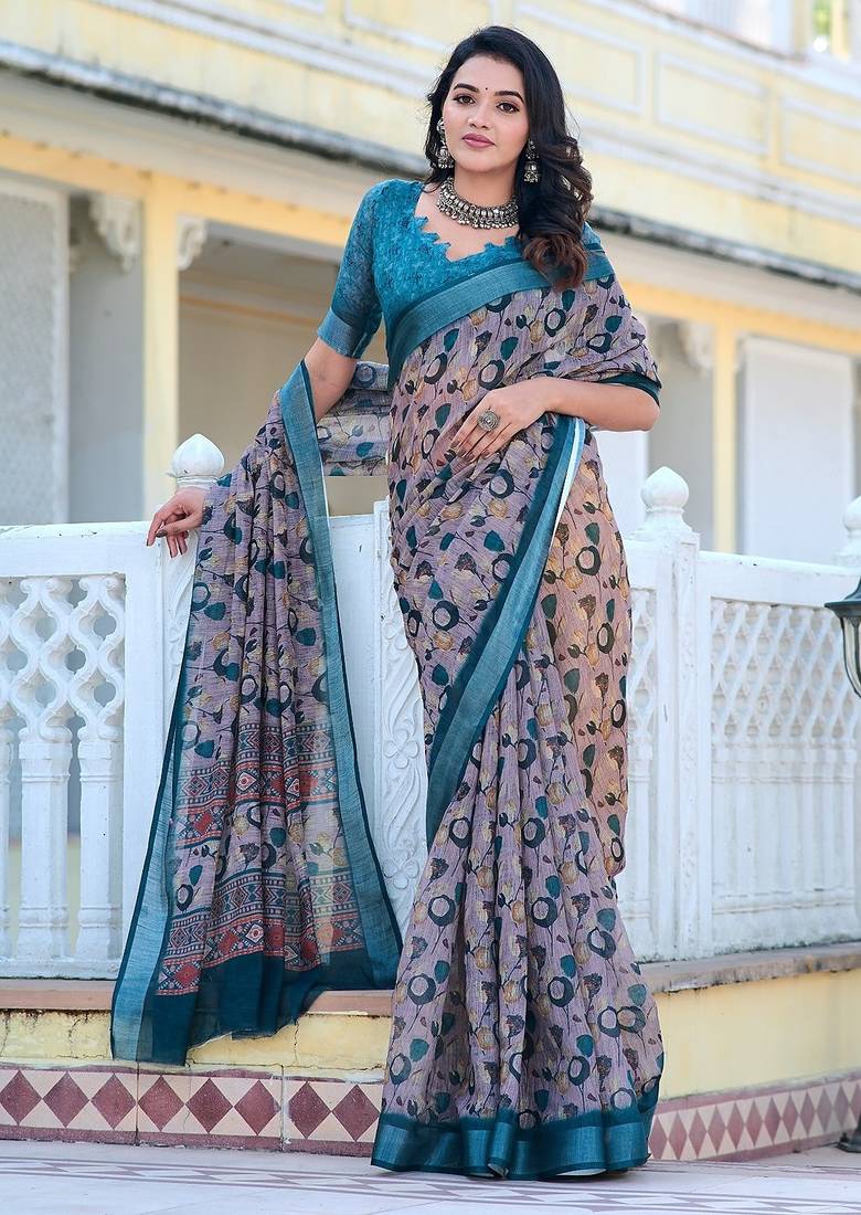 grey printed pure cotton grey saree with blouse