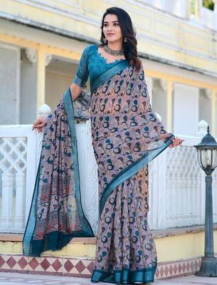 grey printed pure cotton grey saree with blouse 5