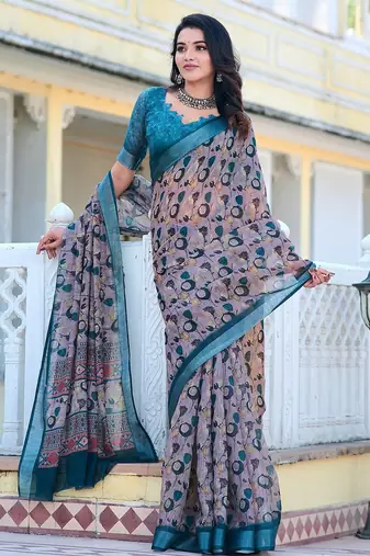 grey printed pure cotton grey saree with blouse