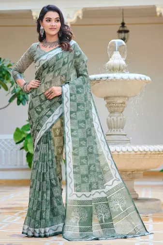 green printed pure cotton green saree with blouse