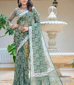 green printed pure cotton green saree with blouse