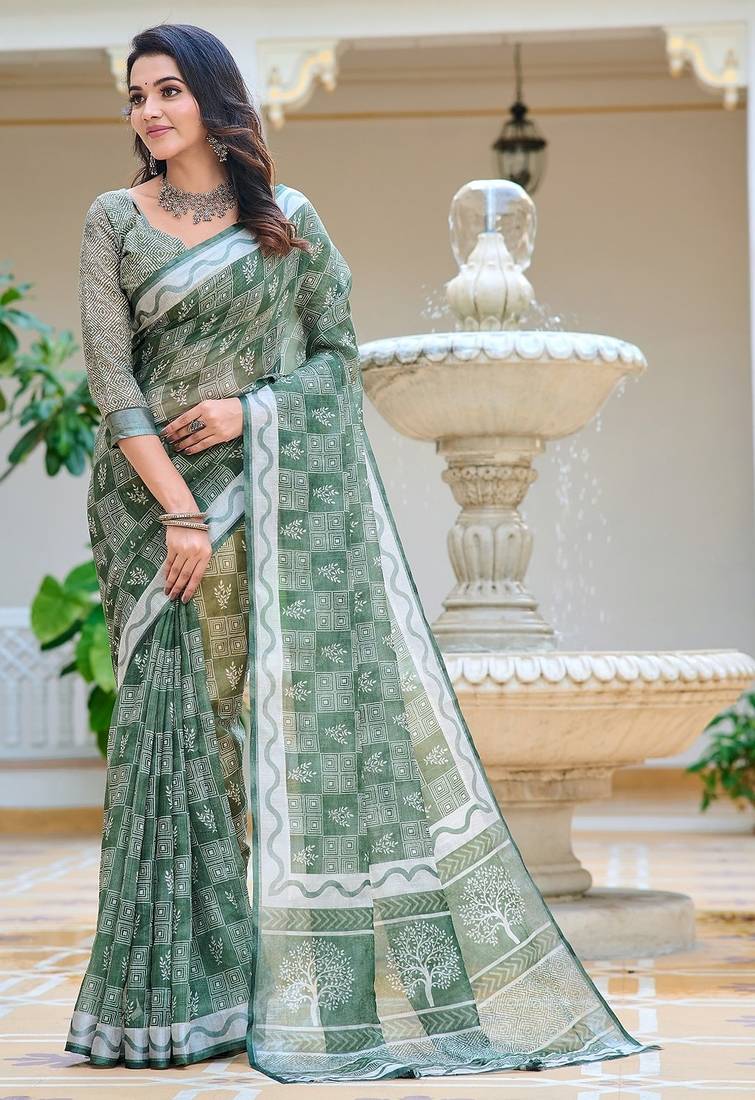 green printed pure cotton green saree with blouse