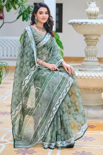 green printed pure cotton green saree with blouse