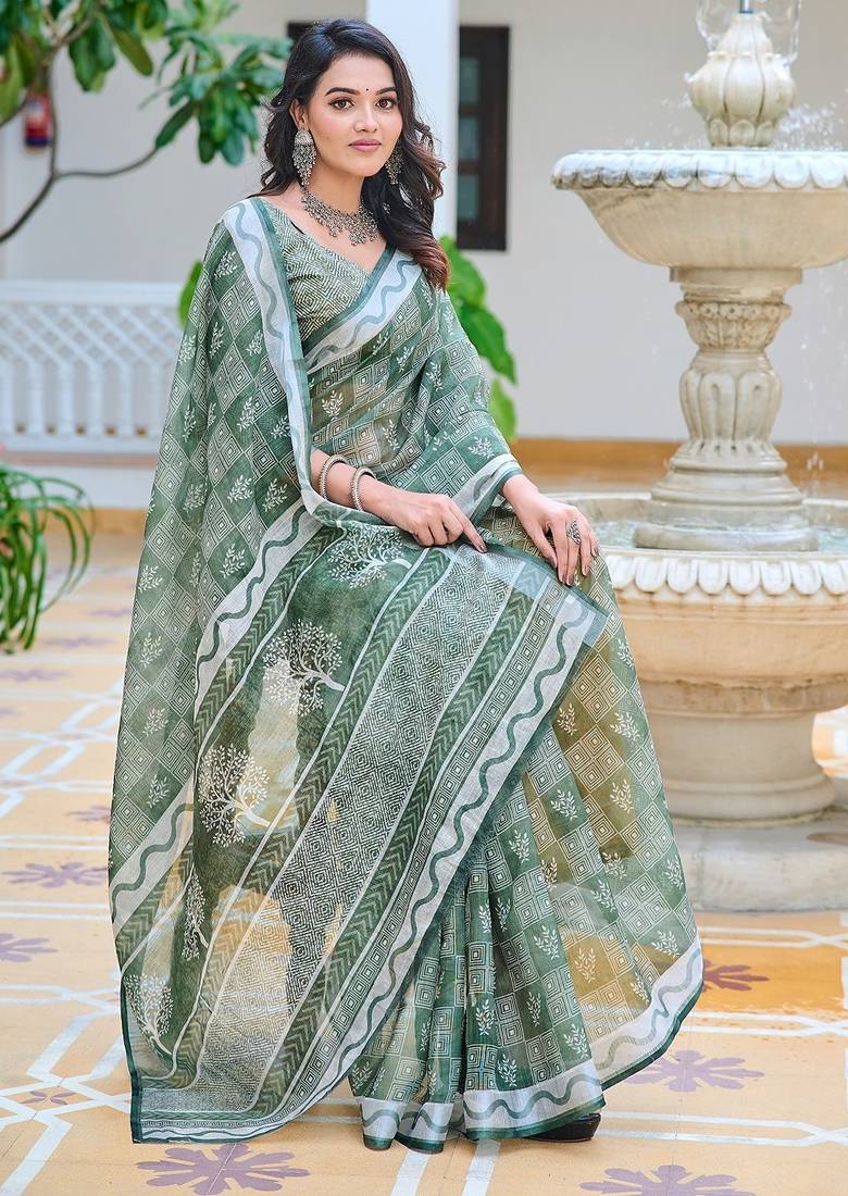 green printed pure cotton green saree with blouse