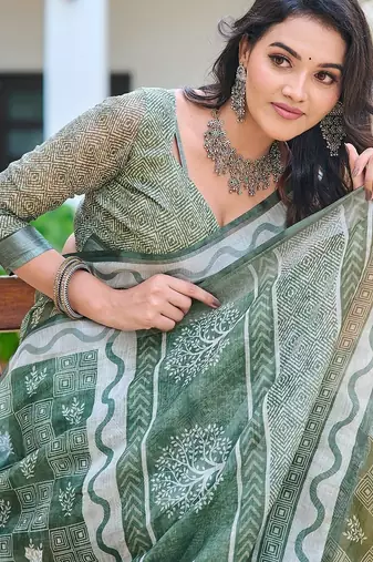green printed pure cotton green saree with blouse