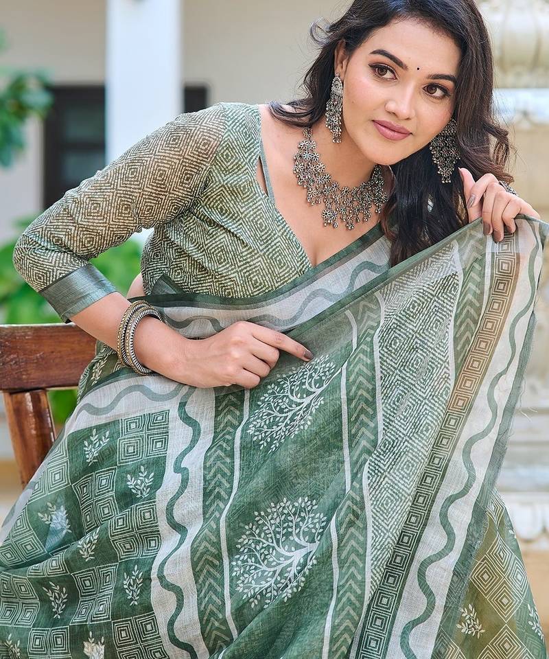 green printed pure cotton green saree with blouse