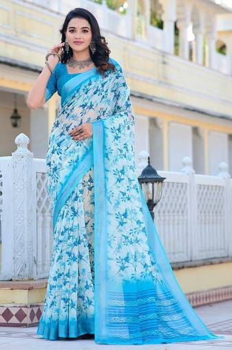 light_blue printed pure cotton light blue saree with blouse