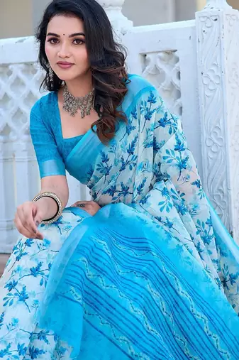 light_blue printed pure cotton light blue saree with blouse