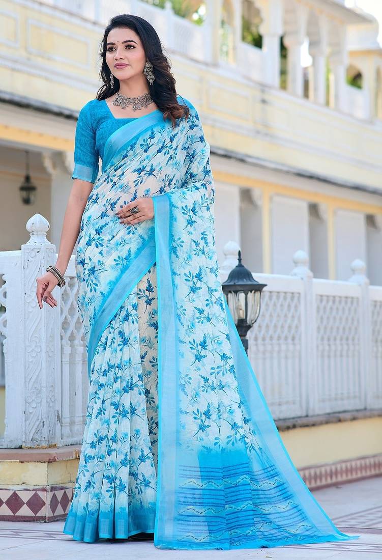 light_blue printed pure cotton light blue saree with blouse
