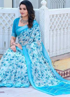 light_blue printed pure cotton light blue saree with blouse 5