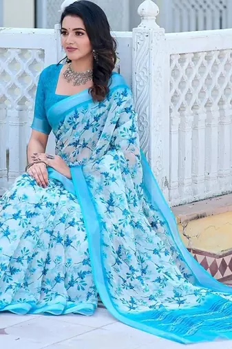 light_blue printed pure cotton light blue saree with blouse