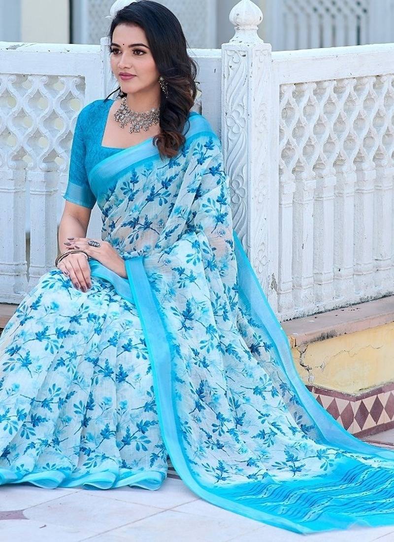 light_blue printed pure cotton light blue saree with blouse