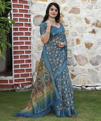 Blue pure cotton printed printed saree with blouses 1