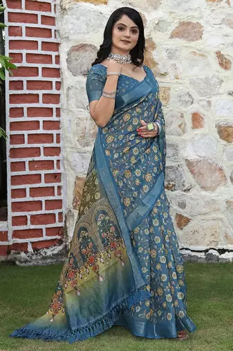Blue pure cotton printed printed saree with blouses