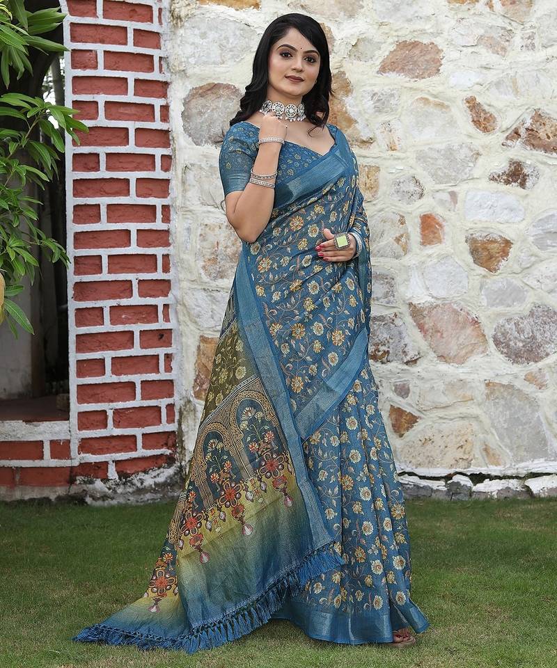 Blue pure cotton printed printed saree with blouses