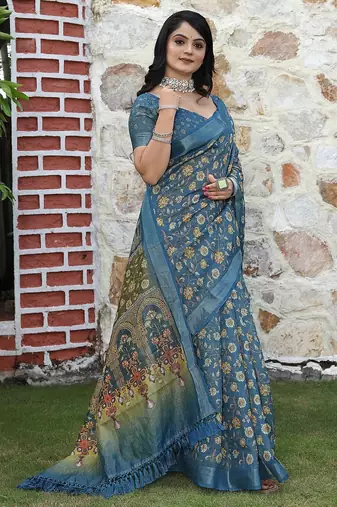 Blue pure cotton printed printed saree with blouses