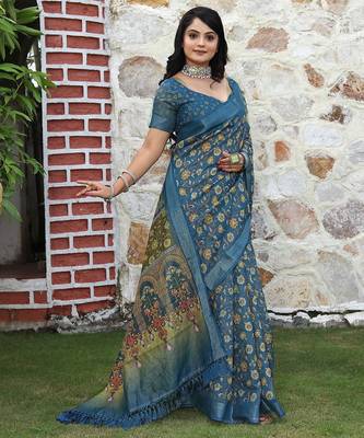 Blue pure cotton printed printed saree with blouses 3