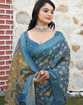 Blue pure cotton printed printed saree with blouses 4