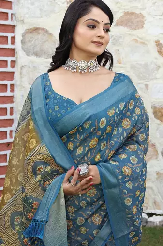 Blue pure cotton printed printed saree with blouses