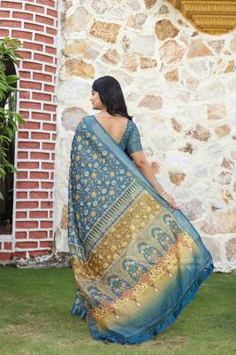 Blue pure cotton printed printed saree with blouses 5