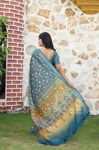 Blue pure cotton printed printed saree with blouses