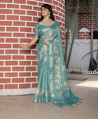 Blue pure cotton printed printed saree with blouses 1
