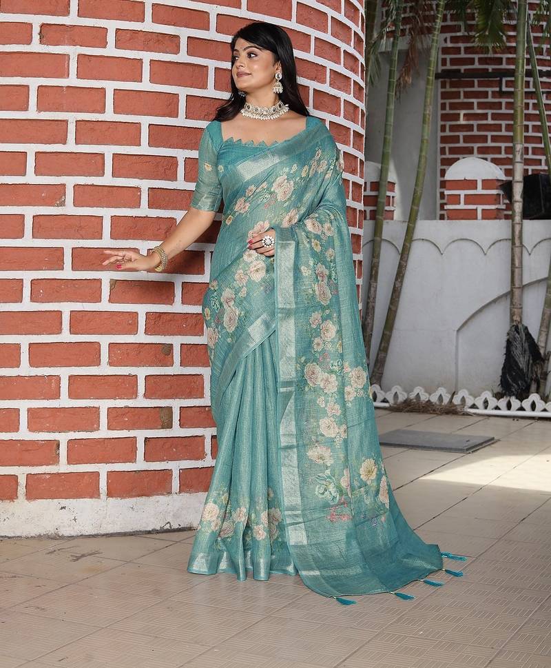 Blue pure cotton printed printed saree with blouses