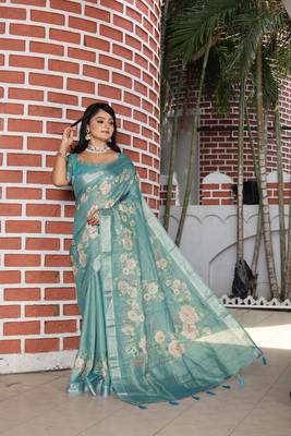 Blue pure cotton printed printed saree with blouses 2