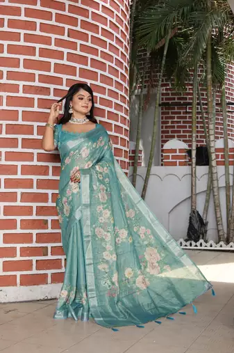 Blue pure cotton printed printed saree with blouses
