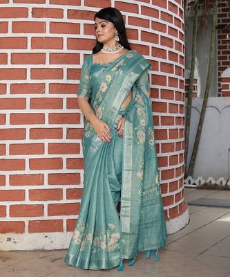 Blue pure cotton printed printed saree with blouses 4