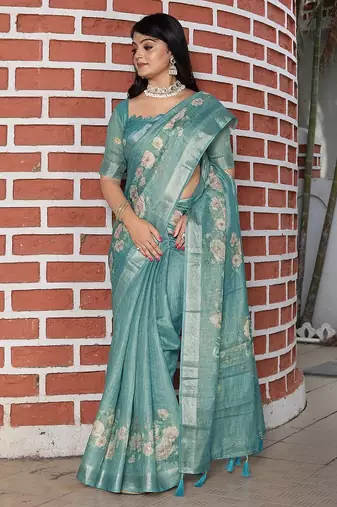 Blue pure cotton printed printed saree with blouses