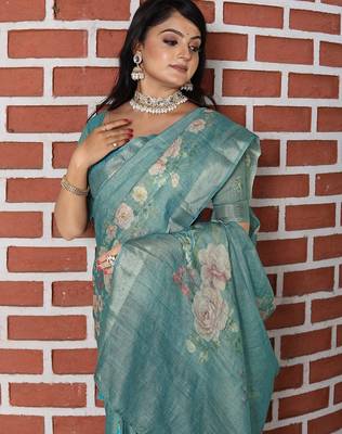 Blue pure cotton printed printed saree with blouses 5