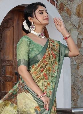 Multicolor pure cotton printed printed saree with blouses 3