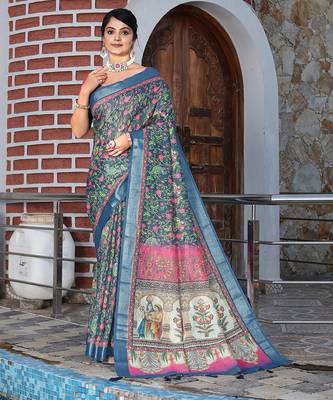 Blue pure cotton printed printed saree with blouses 1