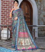 Blue pure cotton printed printed saree with blouses