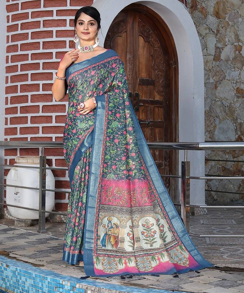 Blue pure cotton printed printed saree with blouses