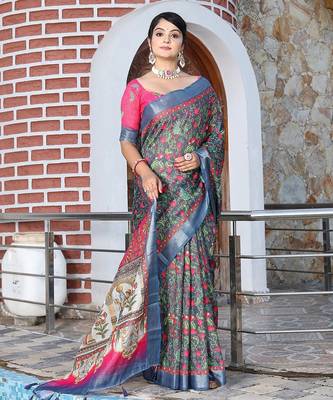 Blue pure cotton printed printed saree with blouses 2