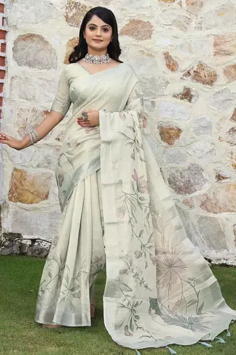 Off white pure cotton printed printed saree with blouses