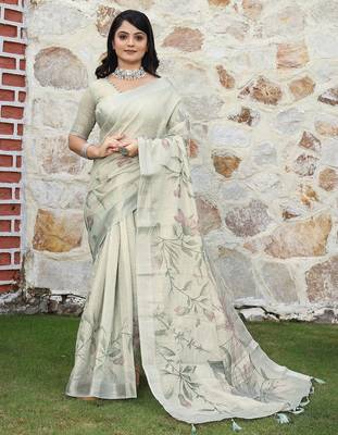 Off white pure cotton printed printed saree with blouses 2