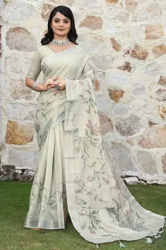 Off white pure cotton printed printed saree with blouses