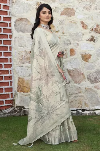 Off white pure cotton printed printed saree with blouses